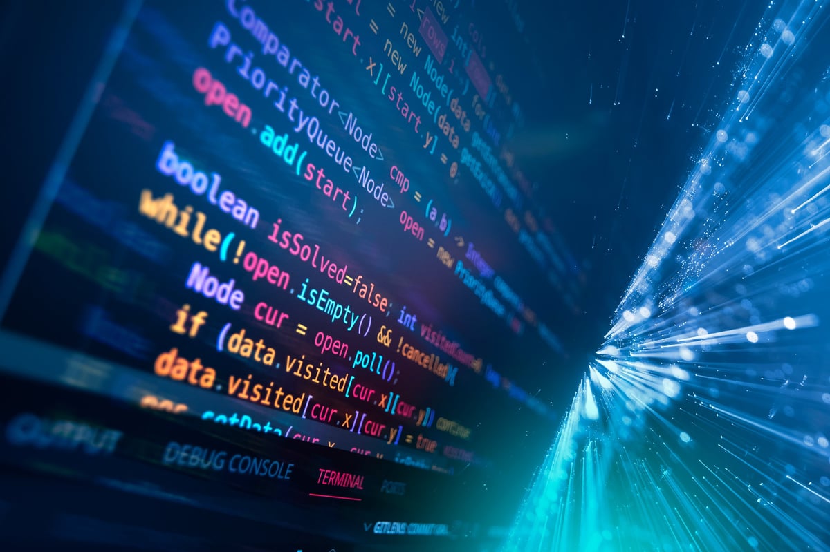 Digital blue binary code background representing a conceptual high-tech data display for global business communication and financial security in a modern network environment