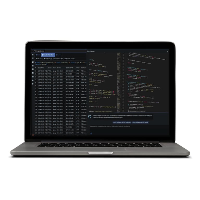 Laptop displaying a dark-themed code editor with data tables and programming code on the screen