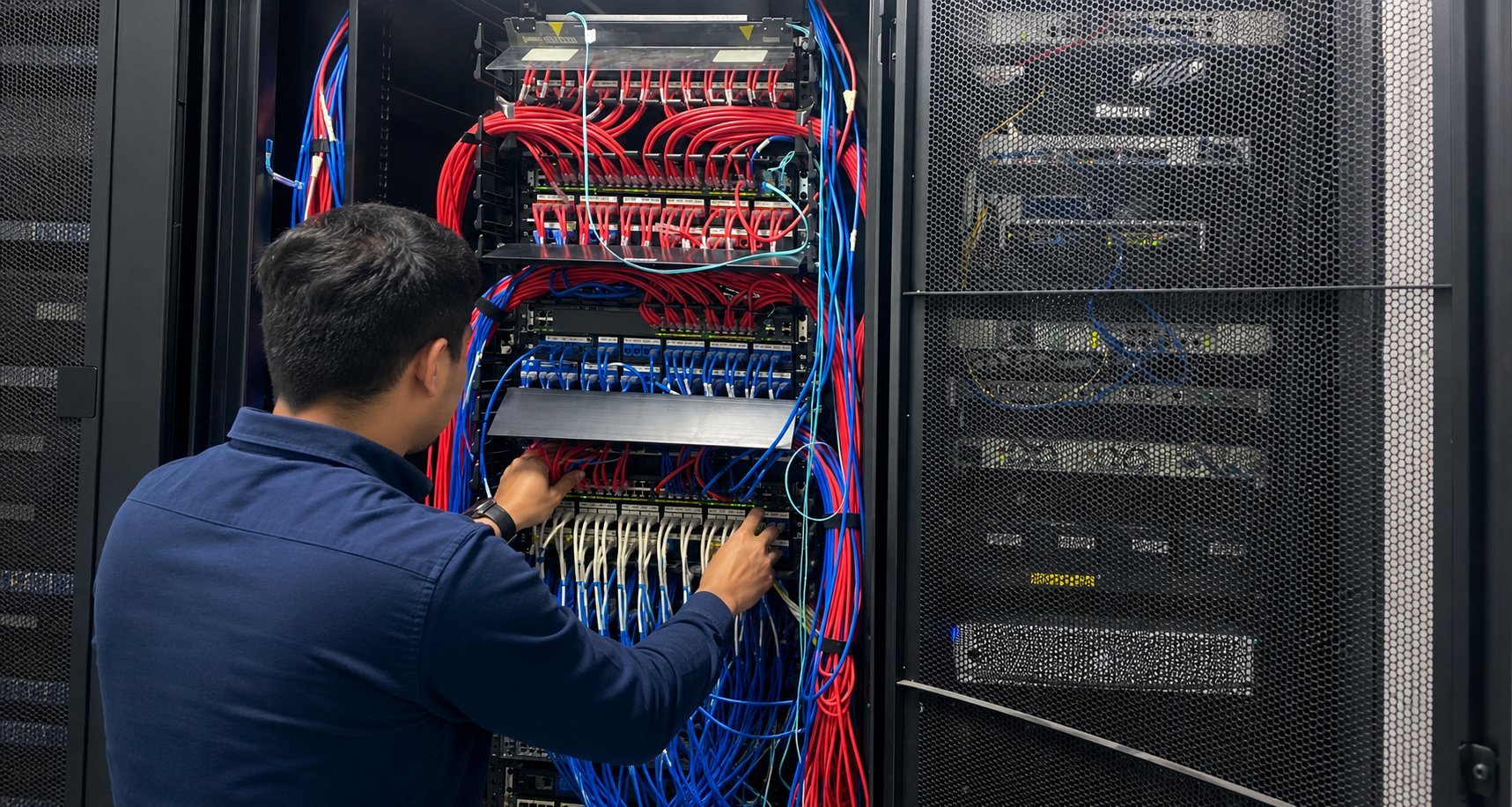 Technician working on server rack with red and blue network cables and patch panel connections in a data center.